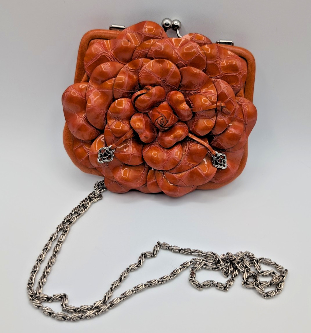 Brighton orangeish brown rosalie crossbody chain purse 3D Floral bag small